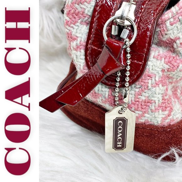 Vintage Coach Hampton Pink Houndstooth Satchel With Red Suede & Leather Trim - Picture 10 of 13